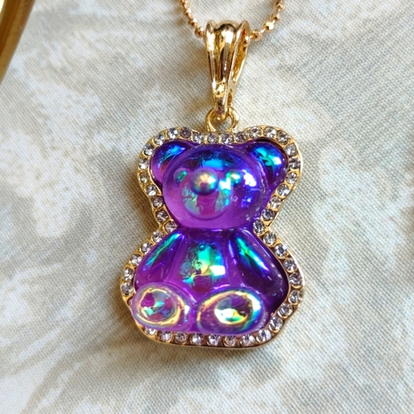 Iridescent Gummy Teddy Bear Pendant  on Chain Necklace Gold Plated Steel New - Picture 4 of 4